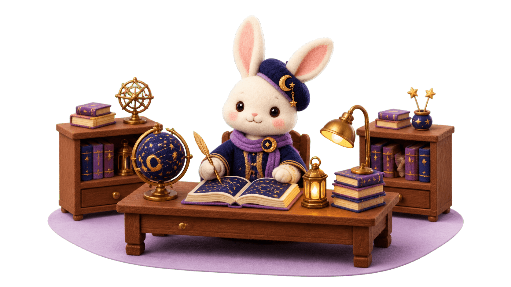 星図を広げた机で案内する、AI占い師Aliceのフェルトうさぎ