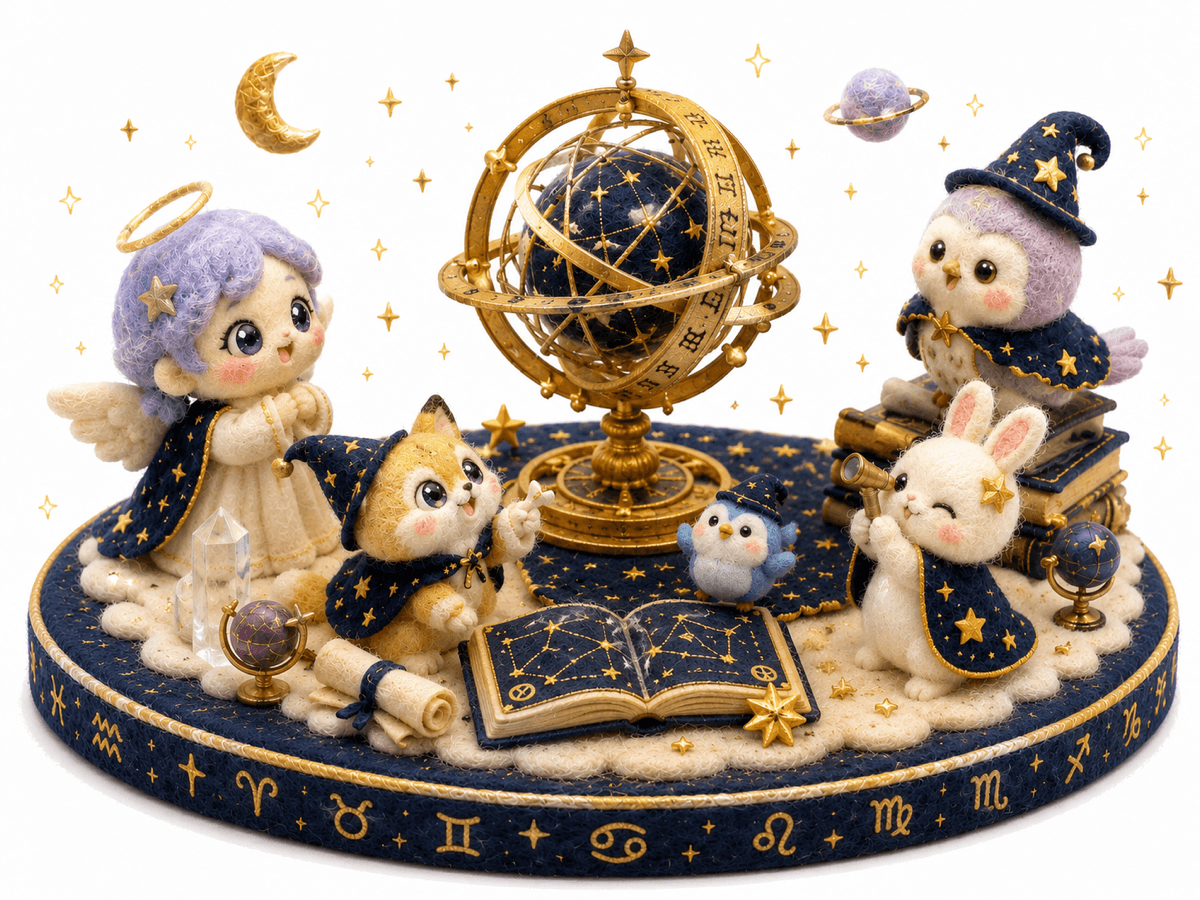 天球儀と星図を囲む、星読みの装いをしたフェルトの動物たち